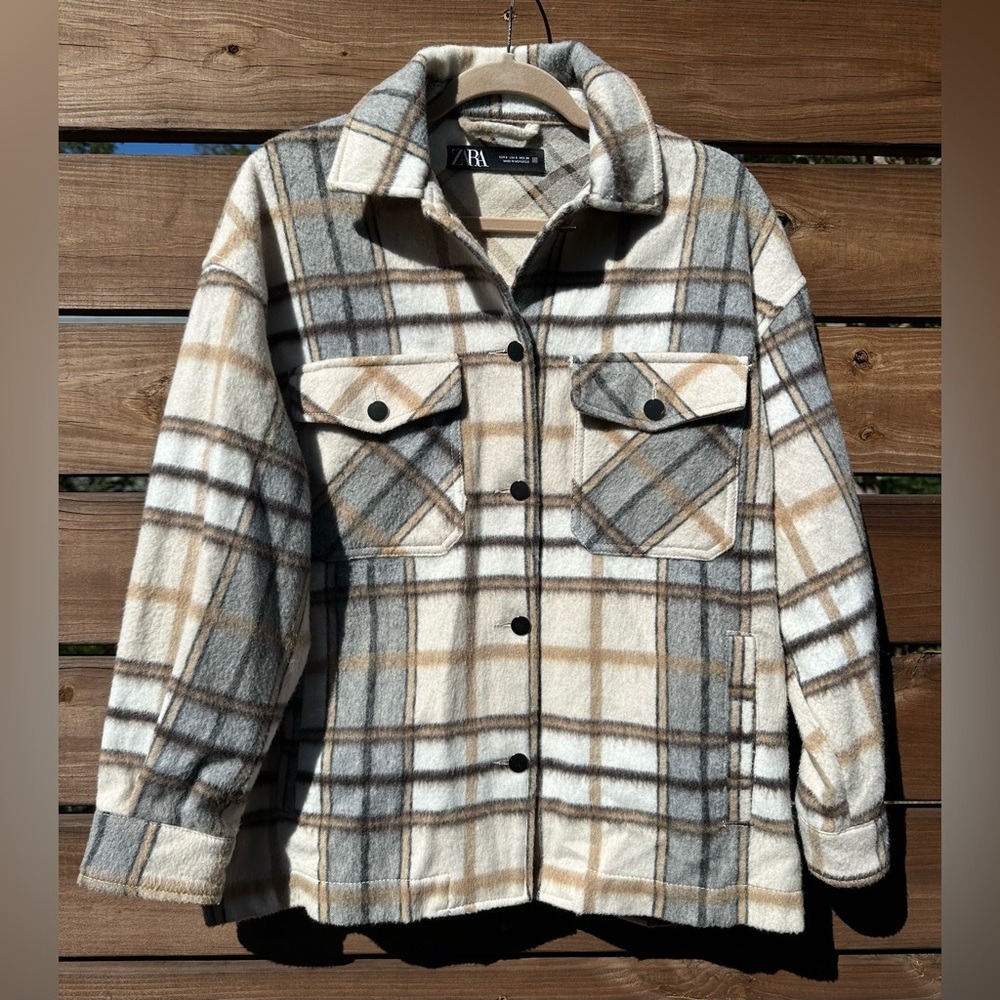 Zara Wool-Blend Beige & Brown Plaid Oversized Wool Blend Shacket